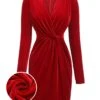 Red 1960s V-Neck Velvet Pleated Wrap Dress -BUNBUN Fancy Clothing Shop SCHL003144 TR 01 1
