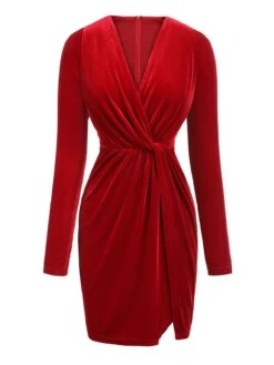 Red 1960s V-Neck Velvet Pleated Wrap Dress -BUNBUN Fancy Clothing Shop SCHL003144 TR 01 2