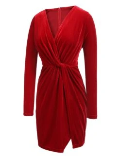 Red 1960s V-Neck Velvet Pleated Wrap Dress -BUNBUN Fancy Clothing Shop SCHL003144 TR 01 3