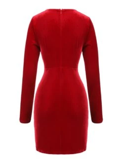 Red 1960s V-Neck Velvet Pleated Wrap Dress -BUNBUN Fancy Clothing Shop SCHL003144 TR 01 4