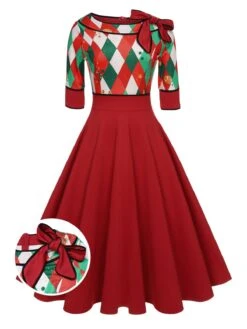 Green 1950s Christmas Plaid Patchwork Dress -BUNBUN Fancy Clothing Shop SCHL003168 01 compressed