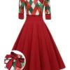 Red 1950s Christmas Plaids Bow Decor Dress -BUNBUN Fancy Clothing Shop SCHL003168 01 compressed b48c0f26 2b34 4e0c 9396 337e20f38764