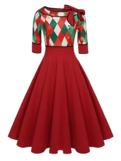 Green 1950s Christmas Plaid Patchwork Dress -BUNBUN Fancy Clothing Shop SCHL003168 1 compressed