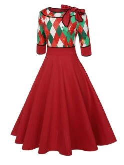 Green 1950s Christmas Plaid Patchwork Dress -BUNBUN Fancy Clothing Shop SCHL003168 2 compressed