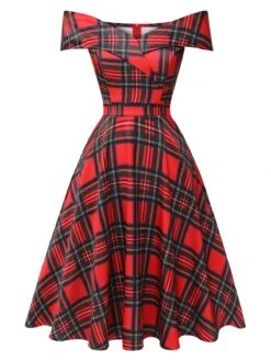 Red 1950s Christmas Plaid Off-Shoulder Dress -BUNBUN Fancy Clothing Shop SCHL003169 1