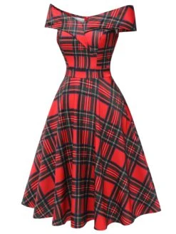 Red 1950s Christmas Plaid Off-Shoulder Dress -BUNBUN Fancy Clothing Shop SCHL003169 2