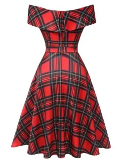Red 1950s Christmas Plaid Off-Shoulder Dress -BUNBUN Fancy Clothing Shop SCHL003169 3