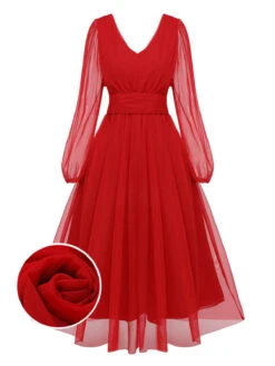 Red 1950s Sheer Sleeve Mesh Dress