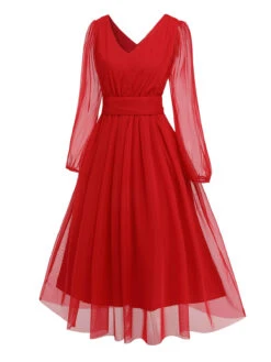 Red 1950s Sheer Sleeve Mesh Dress -BUNBUN Fancy Clothing Shop SCHL003209 2