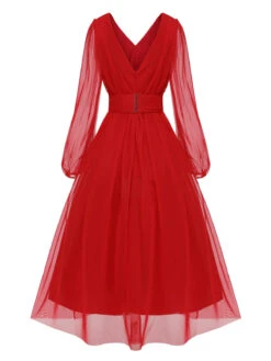 Red 1950s Sheer Sleeve Mesh Dress -BUNBUN Fancy Clothing Shop SCHL003209 3