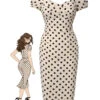 Beige 1960s Polka Dot Square Neck Puff Dress 2 Beige 1960s Polka Dot Square Neck Puff Dress -BUNBUN Fancy Clothing Shop SCHL003231 01 1