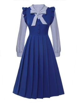 2Pcs Blue 1950s Tie Neck Stripes Blouse & Ruffles Vest Dress -BUNBUN Fancy Clothing Shop SCHL003232 SCHL003233 1 compressed