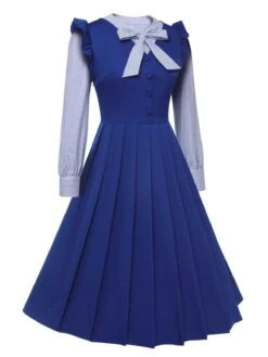2Pcs Blue 1950s Tie Neck Stripes Blouse & Ruffles Vest Dress -BUNBUN Fancy Clothing Shop SCHL003232 SCHL003233 2 compressed