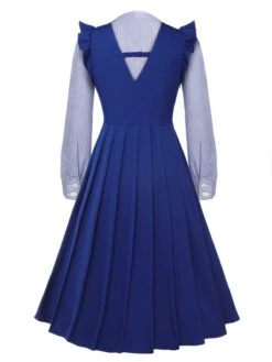 2Pcs Blue 1950s Tie Neck Stripes Blouse & Ruffles Vest Dress -BUNBUN Fancy Clothing Shop SCHL003232 SCHL003233 3 compressed