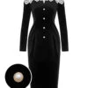 Black & White 1960s Lapel Patchwork Velvet Dress