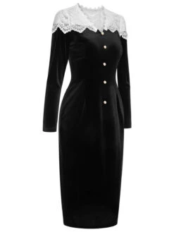 Black & White 1960s Lapel Patchwork Velvet Dress -BUNBUN Fancy Clothing Shop SCHL003243 B 01 3