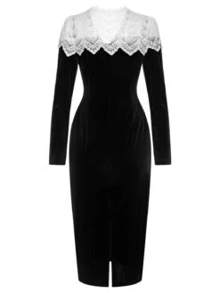 Black & White 1960s Lapel Patchwork Velvet Dress -BUNBUN Fancy Clothing Shop SCHL003243 B 01 4