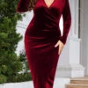 [Plus Size] 1960s Velvet V-Neck Wrap Dress -BUNBUN Fancy Clothing Shop SCHL003265 WR 2