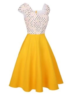 Yellow 1950s Polka Dots Button Dress -BUNBUN Fancy Clothing Shop SCHL003276 2 compressed