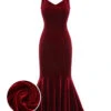 Wine Red 1930s Strap Velvet Mermaid Dress -BUNBUN Fancy Clothing Shop SCHL003281 WR 1