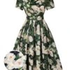 Green 1950s Cowl Neck Painting Flower Dress -BUNBUN Fancy Clothing Shop SCHL003288 01