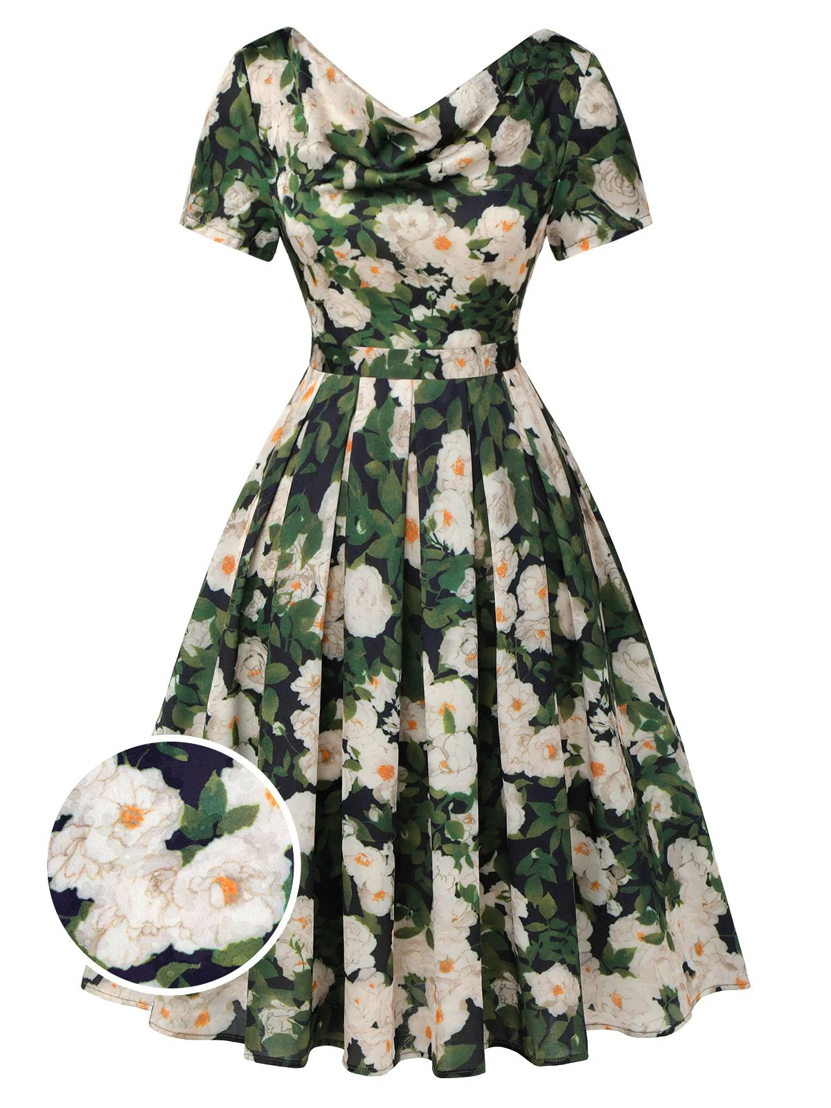 Green 1950s Cowl Neck Painting Flower Dress 3 Green 1950s Cowl Neck Painting Flower Dress