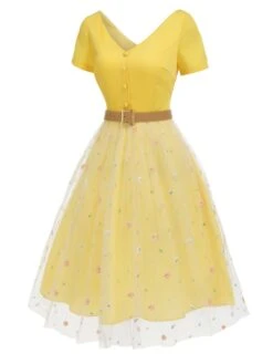 Yellow 1950s V-Neck Daisy Mesh Dress -BUNBUN Fancy Clothing Shop SCHL003291 2 compressed