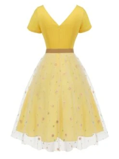 Yellow 1950s V-Neck Daisy Mesh Dress -BUNBUN Fancy Clothing Shop SCHL003291 3 compressed