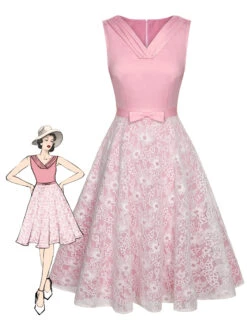 Pale Pink 1950s Solid Lace Patchwork Dress