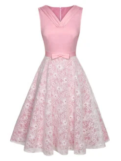 Pale Pink 1950s Solid Lace Patchwork Dress -BUNBUN Fancy Clothing Shop SCHL003298 1