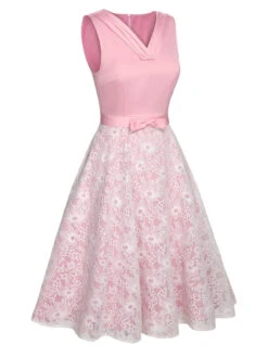 Pale Pink 1950s Solid Lace Patchwork Dress -BUNBUN Fancy Clothing Shop SCHL003298 2