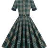 Dark Army Green 1950s Lapel Plaid Dress 1 Dark Army Green 1950s Lapel Plaid Dress -BUNBUN Fancy Clothing Shop SCHL003317 DEG 1 2