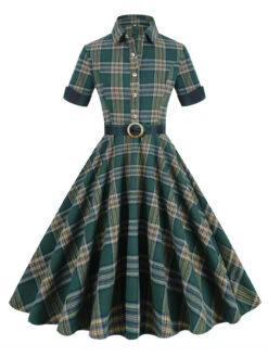 Dark Army Green 1950s Lapel Plaid Dress