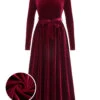 1940s Solid Velvet Belt Long Dress -BUNBUN Fancy Clothing Shop SCHL003392 WR 01 1