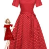 Red 1950s Off-Shoulder Polka Dots Belted Dress -BUNBUN Fancy Clothing Shop SCHL003434 01