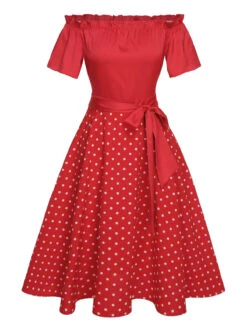 Red 1950s Off-Shoulder Polka Dots Belted Dress -BUNBUN Fancy Clothing Shop SCHL003434 1