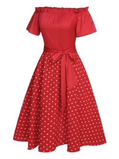 Red 1950s Off-Shoulder Polka Dots Belted Dress -BUNBUN Fancy Clothing Shop SCHL003434 2