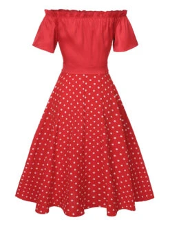 Red 1950s Off-Shoulder Polka Dots Belted Dress -BUNBUN Fancy Clothing Shop SCHL003434 3
