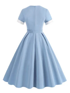 1950s Solid Contrast V-Neck Swing Dress -BUNBUN Fancy Clothing Shop SCHL003467 BL 3