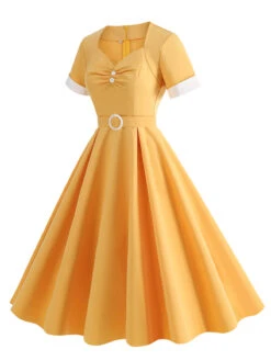 1950s Solid Contrast V-Neck Swing Dress -BUNBUN Fancy Clothing Shop SCHL003467 Y 2