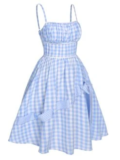 Blue 1950s Spaghetti Strap Plaids Bow Decor Dress -BUNBUN Fancy Clothing Shop SCHL003473 2 compressed