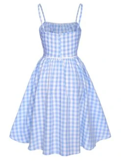 Blue 1950s Spaghetti Strap Plaids Bow Decor Dress -BUNBUN Fancy Clothing Shop SCHL003473 3 compressed