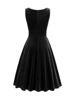 1950s Solid V-Neck Pleated Velvet Dress -BUNBUN Fancy Clothing Shop SCHL003484 B 1 2