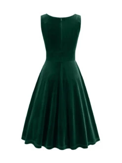 1950s Solid V-Neck Pleated Velvet Dress -BUNBUN Fancy Clothing Shop SCHL003484 DG 1 1