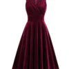 1950s Solid V-Neck Pleated Velvet Dress