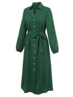 Green 1960s Lapel Loose Belted Dress -BUNBUN Fancy Clothing Shop SCHL003487 G 01 3
