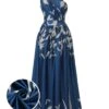 Blue 1940s One-Shoulder Plants Slit Dress