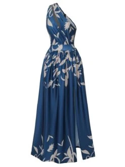 Blue 1940s One-Shoulder Plants Slit Dress -BUNBUN Fancy Clothing Shop SCHL003531 2 compressed