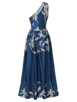 Blue 1940s One-Shoulder Plants Slit Dress -BUNBUN Fancy Clothing Shop SCHL003531 3 compressed