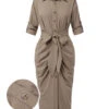 Khaki 1960s Solid Fold Pleated Lapel Dress -BUNBUN Fancy Clothing Shop SCHL003534 01